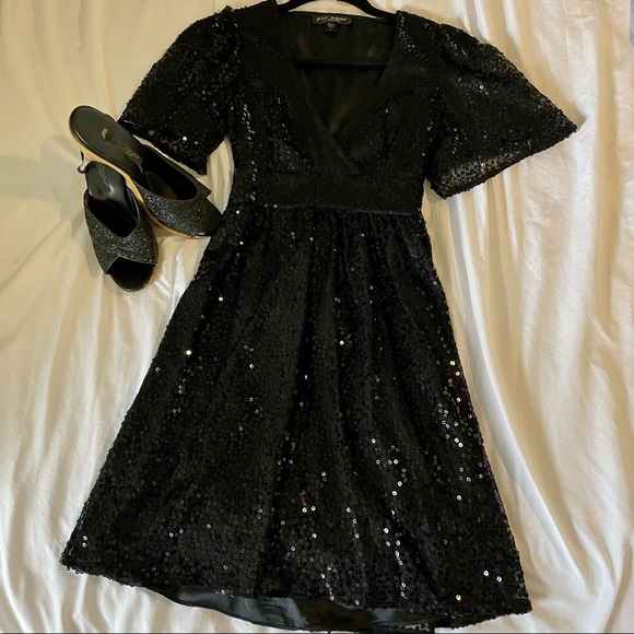 Betsey Johnson Dresses & Skirts - Betsy Johnson Black Sequin Evening Dress with Satin Sash